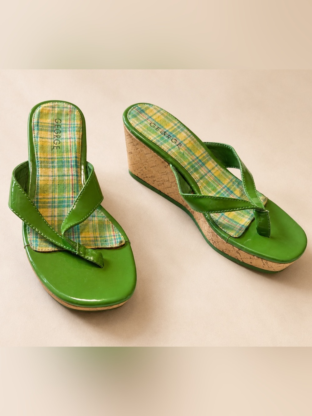 George Green Wedge Sandals Size 8 | Plaid Insole Plastic Cork Heel Thong